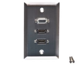 Single Gang Stainless Steel Wall Plate with 2 HDMI F/F and 1 VGA (HD15) F/F