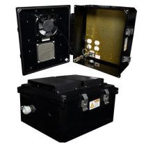 14x12x06 UL® Listed Polycarb Weatherproof NEMA 3R IP24 Enclosure, 120 VAC Mnt Plate, Solid State Thermostat Fan, Black
