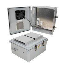 14x12x06 Polycarbonate Weatherproof NEMA 3R IP24 Enclosure, 240 VAC Universal Outlet Mount Plate, Mechanical Therm Heat and Fan, Dark Gray