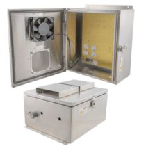 14x12x07 Stainless Steel Weatherproof Outdoor IP24 NEMA 3R Enclosure, 120VAC Mount Plate Solid State Thermostat Fan