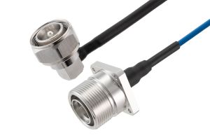 Pasternack 7/16 DIN Male Right Angle to 7/16 DIN Female 4 Hole Flange Low PIM Cable 12 Inch Length Using TFT-402-LF Coax Times Microwave Components