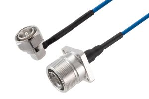Pasternack 4.3-10 Male Right Angle to 7/16 DIN Female 4 Hole Flange Low PIM Cable 12 Inch Length Using TFT-402 Coax Using Times Microwave Components