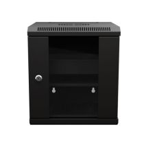 10 inch 6U Network Cabinet, Glass, 11.8 inch depth, Black (RAL9005), Wall-Mount, 2x Shelves, 1x Blank Panel Assembled 