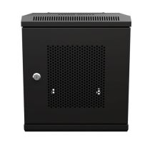 10 Inch 6U Network Cabinet, Perforated, 11.8 inch depth, Black (RAL9005), Wall-Mount, 2x Shelves, 1x Blank Panel Assembled