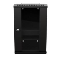 10 Inch 9U Network Cabinet, Glass, 11.8 inch  depth, Black (RAL9005), Wall-Mount, 2x Shelves, 1x Blank Panel Assembled