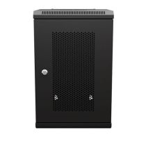 10 Inch 9U Network Cabinet, Perforated, 11.8 inch  depth, Black (RAL9005), Wall-Mount, 2x Shelves, 1x Blank Panel Assembled