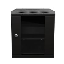 10 Inch 6U Network Cabinet, Glass, 15.8 inch  depth, Black (RAL9005), Wall-Mount, 2x Shelves, 1x Blank Panel Assembled