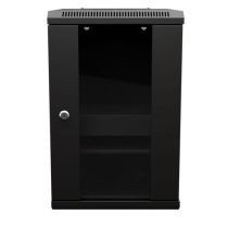 9U Network Cabinet, Glass, 15.8 inch  depth, Black (RAL9005), Wall-Mount, 2x Shelves, 1x Blank Panel Assembled