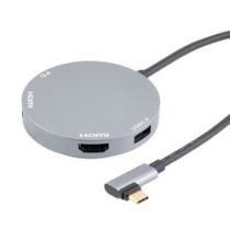 L-com USB C Docking Station, 4 Port, 4K30Hz, 100W PD, Angled USB C to HDMI, DisplayPort and USB C PD and USB C 5Gbps, Metal Shell, Silver, 15cm