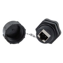 L-Com Category 6a IP68 Waterproof Bulkhead Panel Mount Ethernet Coupler Adapter, Shielded, RJ45 to RJ45 Feed Through, PoE+, Black, with Dust Cap